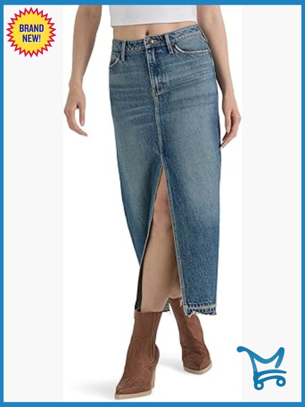 Denim Maxi Skirt with Front Split High Rise Cotton